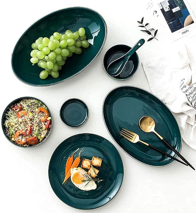 Ceramic Dinner Sets Bowl/Dish/Spoon|Green Gold Rim Pattern Dinnerware Set Nordic Minimalist Style Porcelain Combination
