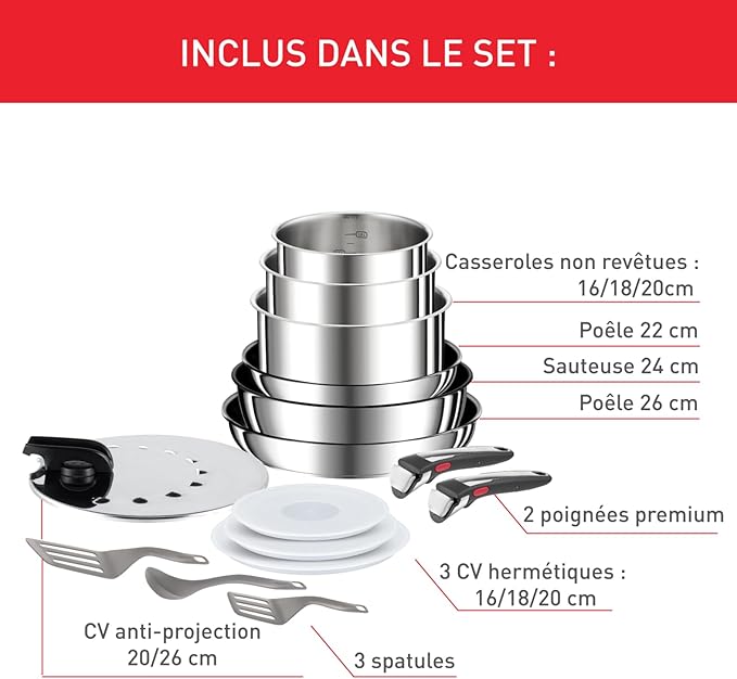 Tefal Ingenio Preference ON 15 piece Non-Stick Pan Set 22&amp26cm Frying Pans 16&amp18&amp20cm Saucepans 24cm Sautepan Stainless Steel Universal Lid 16&amp18&amp20cm Hermetic LidsUtensils