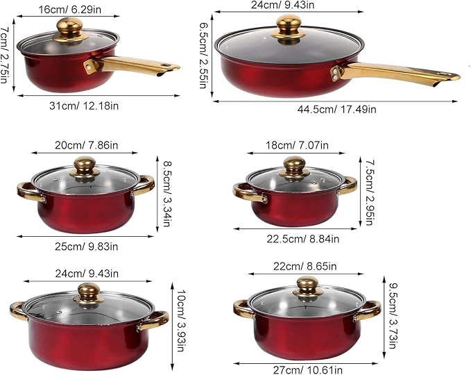 Stainless Steel Cookware Set with Nonstick Surface and Gold Handles Kitchen Pots and Pans for Frying Baking and Cooking Vibrant Wine Red Color Compatible with Multiple Heat Sources