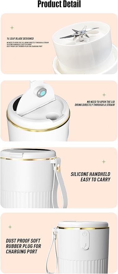 Personal Blender for Smoothies and Shakes12oz Cordless Juice Blender with 14 BladesPortable Juicer Cup with Digital DisplayUSB Rechargeable for Kitchen Office Gym Travel (White)