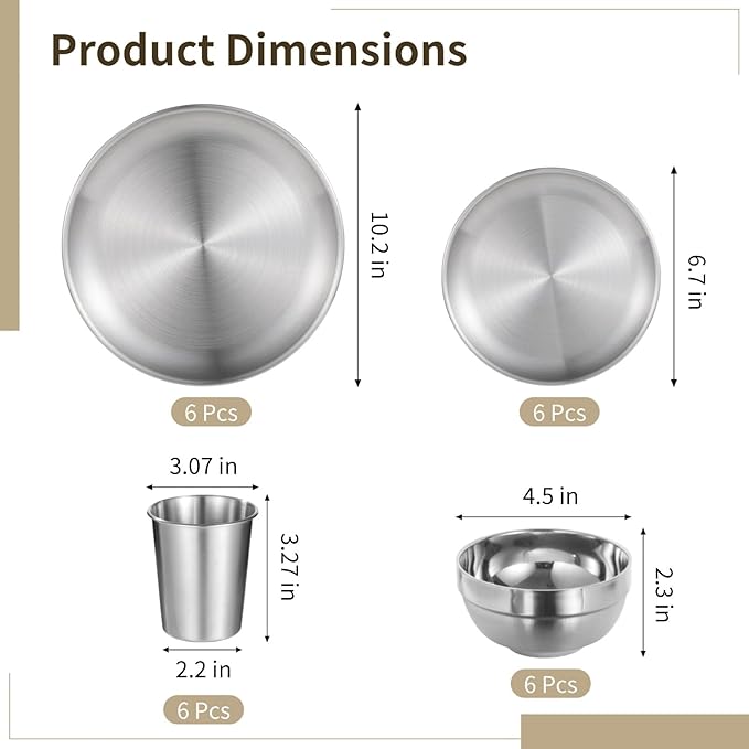 24 PCS Stainless Steel Dinnerware Set Includes 12PCS 6.7 &amp 10.2 in Plates 6 Pieces Bowls and 6 Pieces Cups 304 Reusable Camping Mess Kits for Home Kitchen Dorm and Outdoor Picnic (Silver)