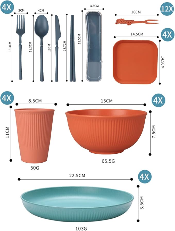 48 Pcs Dinnerware Sets Unbreakable Plates and Bowls Sets Reusable Dinnerware Sets for 4 People Travel Camping Picnic Home Party Cutlery Set Dishwasher Microwave Safe Dishes