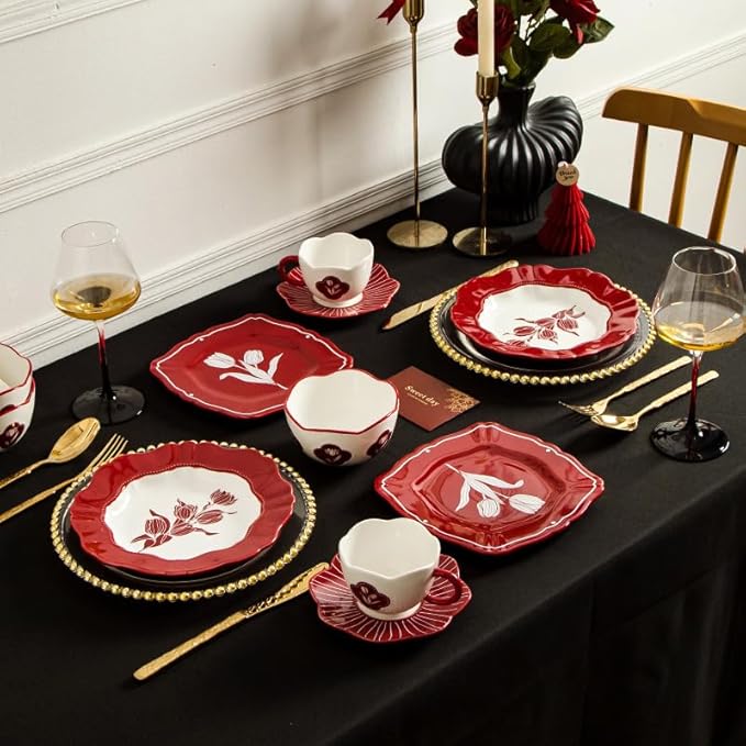 Red Tulip Ceramic Dinnerware Set 13-Piece with 4 Bowls and 4 Plates Vintage Floral Pattern Retro Style Tableware with Gift Box