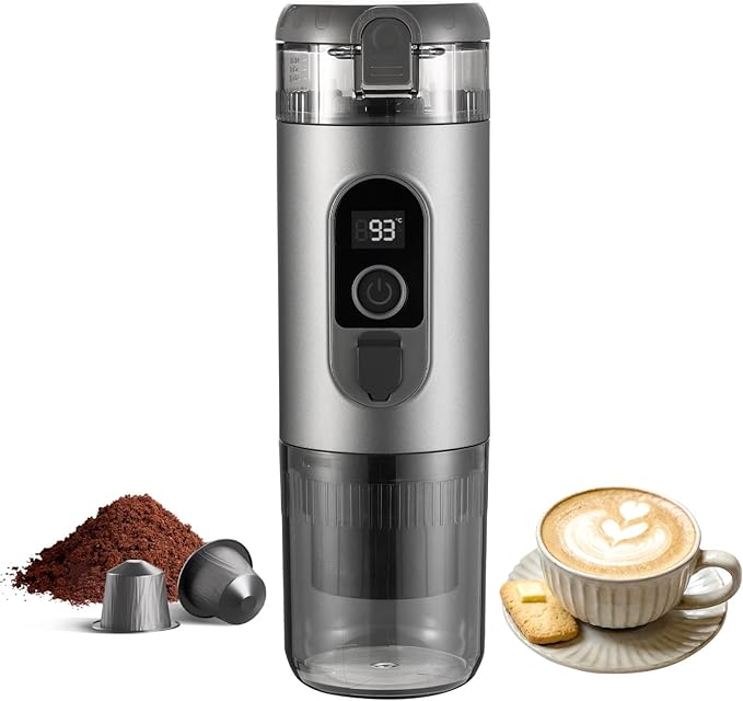 Portable Electric Espresso Machine Self Heating Small Travel Espresso Coffee Maker for Camping RV Hiking Office(Grey)