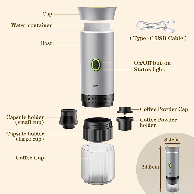 Portable Coffee Maker Espresso Machine for camping Travel Coffee Maker with USB-C 3-in-1 Small Espresso Machine with Ground Coffee &amp Capsules (NS＆DG) for RV Hiking Office(Silver)