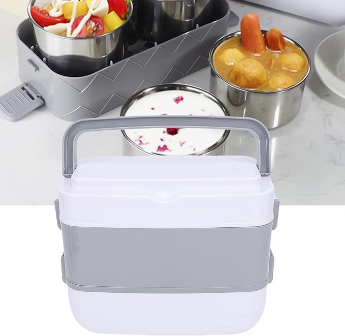 Dpofirs Portable Self Cooking Electric Lunch Box 2L Mini Rice Cooker 2 Layers 4 Stainless Steel Steamer Food Insulation Box Heated Food Warmer Cooker for Home Office Travel (US Plug 110V)