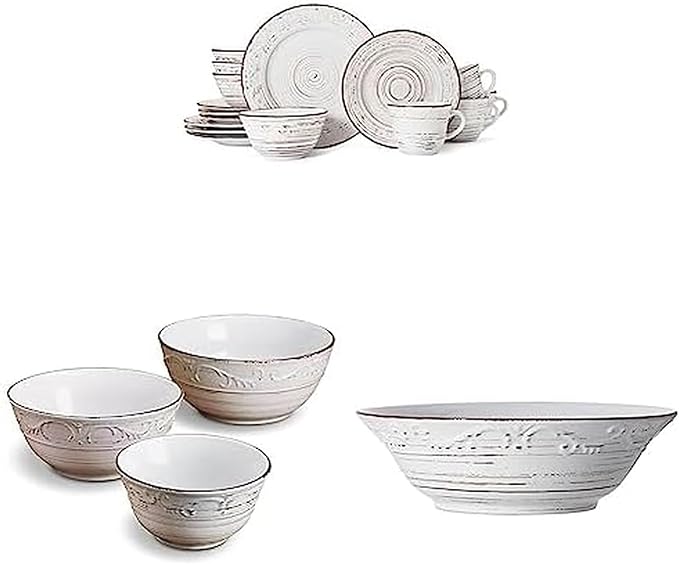 Pfaltzgraff Trellis 16-Piece Dinnerware Set Service for 4 Distressed White Set of 3 Serving Bowls 9 Serve Bowl