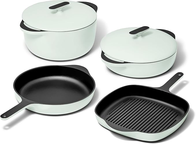 Caraway 8-Piece Enameled Cast Iron Set - 10.5” Skillet Grill Pan 3.5 qt Braiser Pan 6.5 qt Dutch Oven with Lid and Organizers - Non-Toxic 3-Layer Enamel Coating - No Seasoning Required - Light Mist