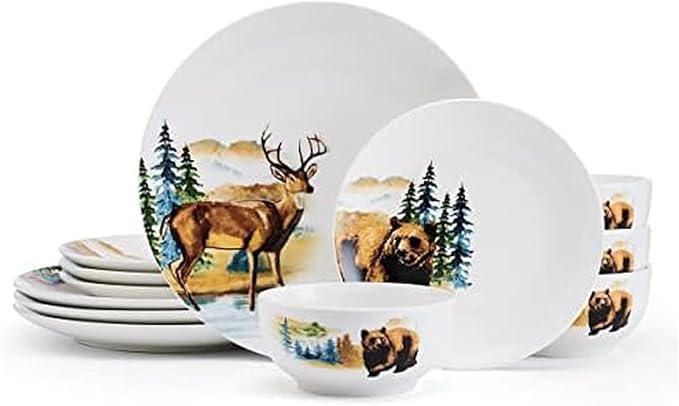 Studio Nova Woodland Animals Lodge 12 Piece Dinnerware Set Service for 4 White