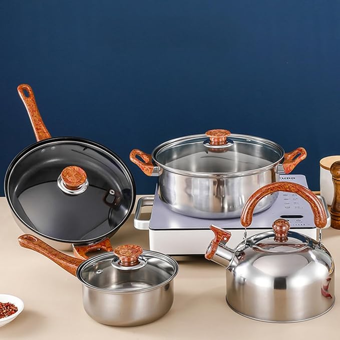12-Piece Stainless Steel Cookware Set Flat Bottom Frying Pan Soup Pot Milk Pot and Kettle Dishwasher Safe Induction Compatible Thickened Design for Home Cooking
