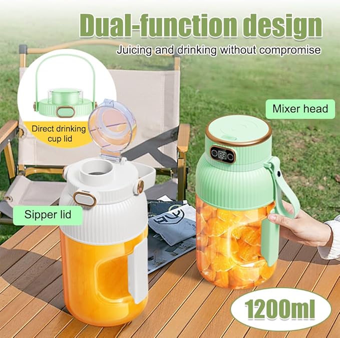 Portable Juicer Cup 1.2L Small Juice Blender USB Rechargeable Blender Cup with Digital Display for Juice Shakes Smoothies