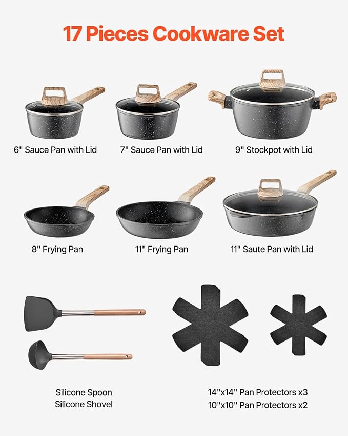 VEVOR 17 Piece Pots and Pans Set Nonstick Granite Cookware Set Induction Cookwares Kitchen RV Cooking Sets with Frying Sauce Saute Tempered Glass Lids and Pan Protectors Black