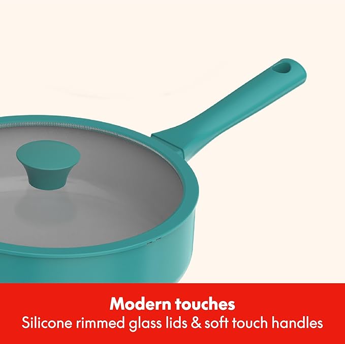 So Yummy by bella 12 Piece Cookware Set w EverGood™ Ceramic Nonstick Coating and Silicone &amp Wood Utensils Dishwasher Safe Silicone &amp Glass Lids Oven Safe &amp All Stovetop Compatible Moon
