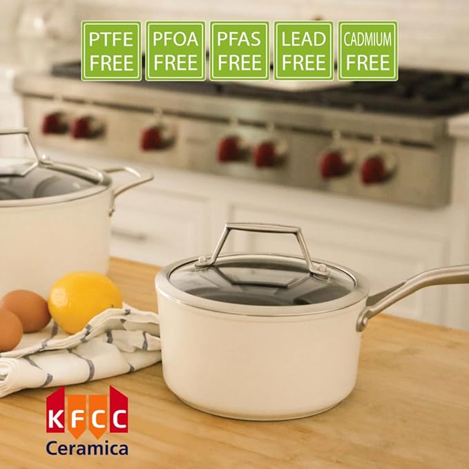 TeChef ValenCera Collection | 2-quart Ceramic Nonstick Saucepan with Glass Lid Nontoxic - Nontoxic - Free of PFAS PFOA PTFE (Saucepan 2-Qt)