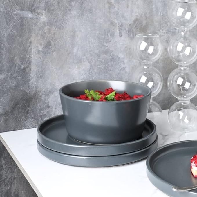 Stackable Design 16 Piece Elegant Stoneware Dinnerware Set for 4 Matte Glaze Finish | Unique Lipped Rim Design On Plates Microwave &amp Dishwasher Safe | Modern Luxury Appearance Dark Gray Color