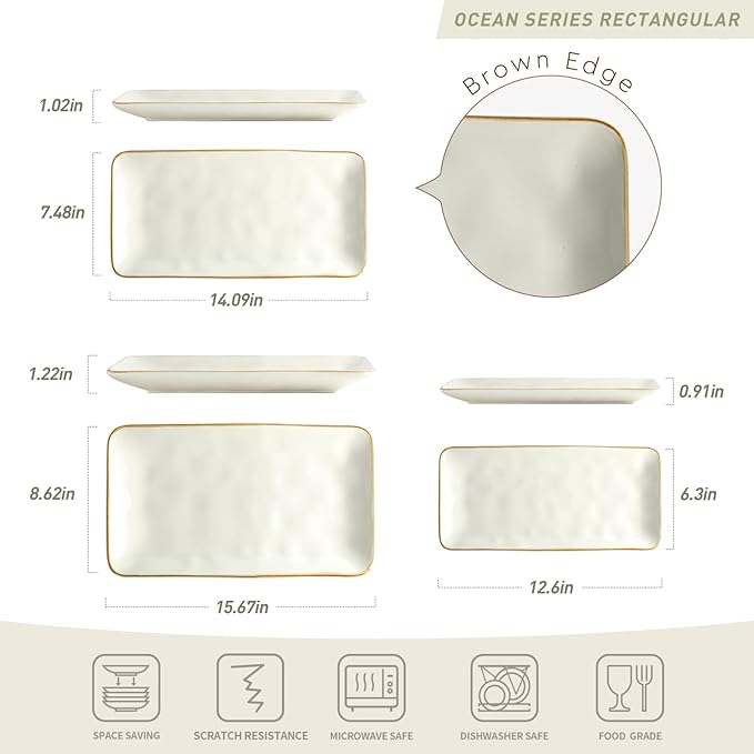 famiware Plates and Bowls Sets + 3 Pcs Rectangular Serving Platter 15-Piece Dinnerware Sets for 4 White