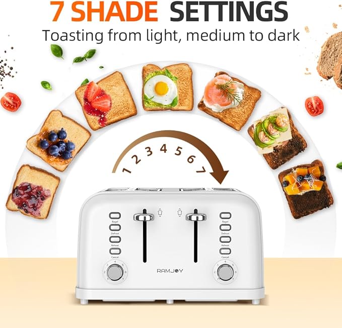 White Toaster 4 Slice Dual Independent Controls Extra Wide Slot Toasters for Bagel Bread Waffles 7 Shade Settings 4 Main Functions Removable Crumb Tray 1500 Watts White Stainless Steel