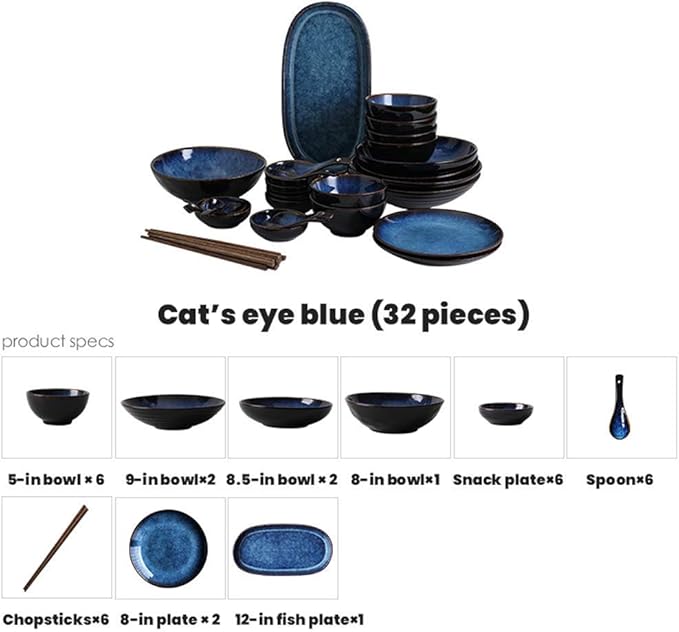 Ceramics Dinnerware Set Cat's Eye Blue 32 Pieces Porcelain Dinner Set/Vintage Plates and Bowls Sets for Restaurant &amp Microwave Safe