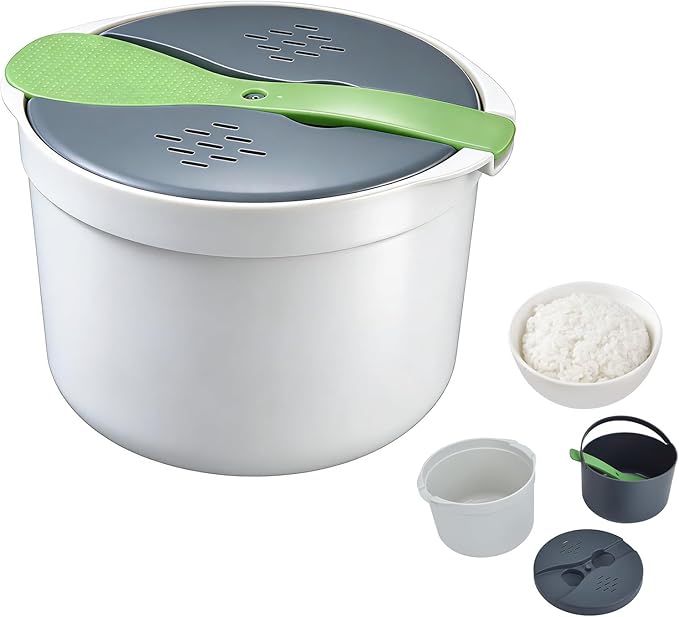 Microwave Rice Cooker Steamer 2L Microwave Rice Steamer Pasta Cooker with Strainer Non-stick Microwave Cookware Set for Rice Pasta Vegetables Quinoa Oatmeal