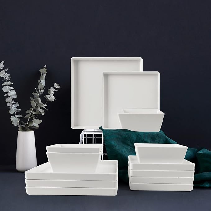 12 Piece Square Melamine Dinnerware Sets for 4 - Plastic Matte White Plates and Bowls Sets Best for Indoor Outdoor Grill Holiday Party Camping BPA-Free Dishwasher Safe