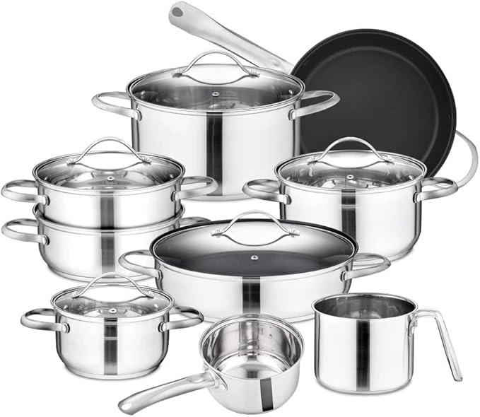 Cooking Pot Frying PanCookware Set Stainless Steel 14-Piece Pan Set Saucepan Non Stick Fry Pan with Glass Lid Vision