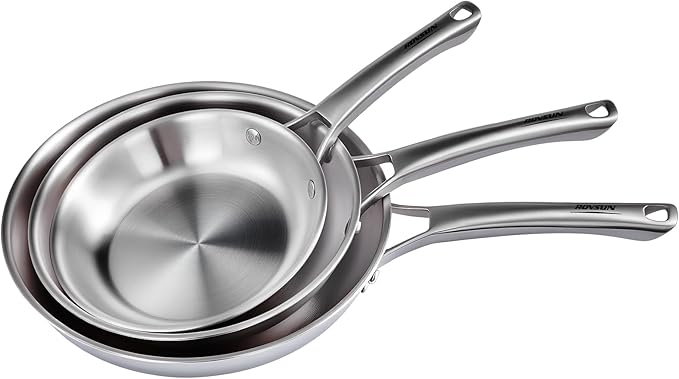 ROVSUN 8-10-12 Inch Stainless Steel Cookware Set 3 pcs Tri-Ply Skillets Set Full Clad Stainless Steel Chef's Pan PFOA &amp PTFE Free Skillets Compatible for All Cooktops Dishwasher &amp Oven Sa