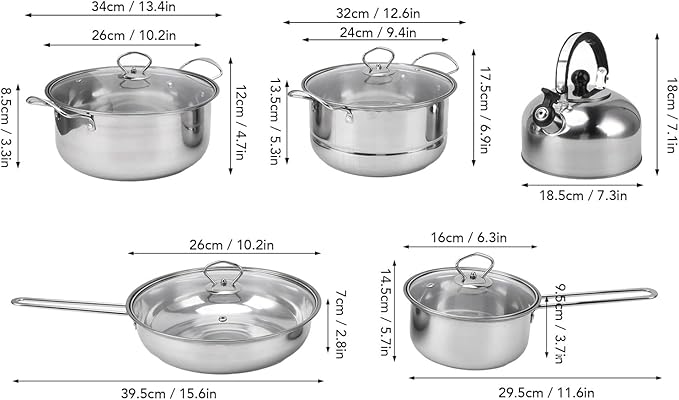 Stainless Steel Cookware Set 7.8lb Thickened Pots and Pans with Glass Lids - Non - Stick Rustproof Even Heating for Home and Restaurant Kitchen Use