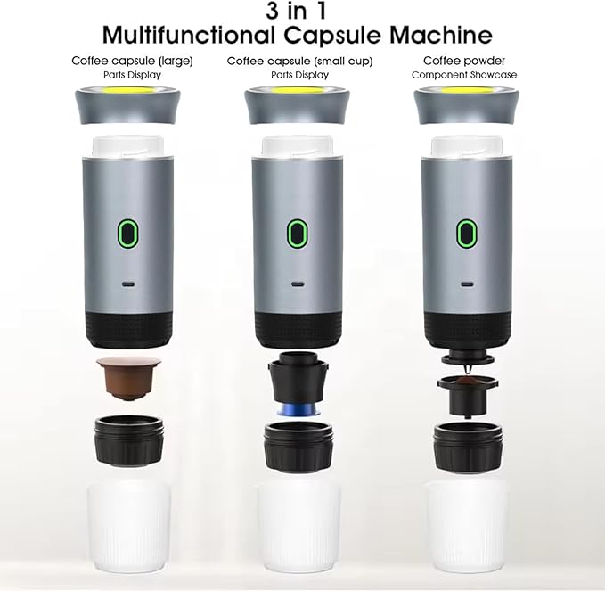 Espresso Portable 3-in-1 Capsule Coffee Maker with 7500mAh Battery 120ml Cup Capacity 50+ Extractions Fast Heating &amp Waterproof Design【silvery】