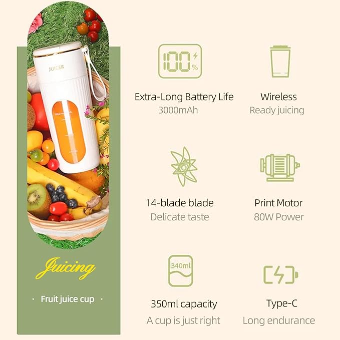 Rechargeable USB Portable Juicer Mixer 18000 RPM 10-Blade Mini Electric Blender 340ML Food-Grade PC Cup with Automatic Cleaning Quick Slurry Discharge for Fresh Fruit Juice/Smoothie Home Use