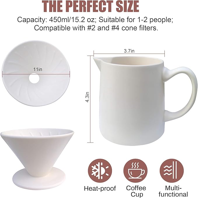 Ceramic Pour Over Coffee Maker Dripper - Uses Standard #2 &amp #4 Paper Filters 450ml/15oz White Barista Style for Home &amp Office