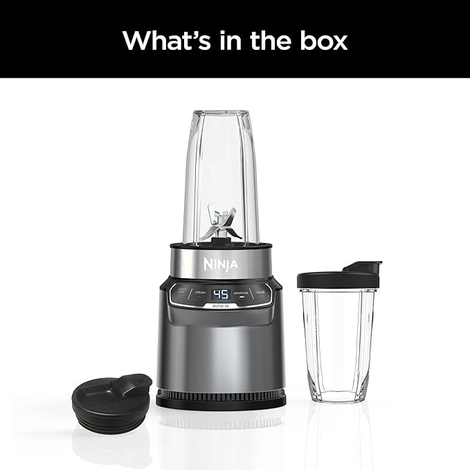 Ninja BN400 Nutri Pro Compact Personal Blender Auto-iQ Technology 1000-Watts for Frozen Drinks Smoothies Sauces &amp More with 18-oz. &amp 24-oz. To-Go Cups &amp Spout Lids Stone Silver (Ren
