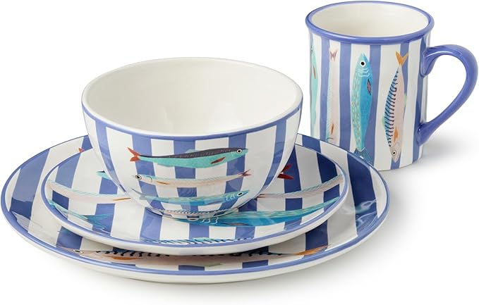 Something Fishy 16-Piece Ceramic DINNERWARE SETSERVICE for 4 Coastal Blue Striped Plates Mugs and Bowls with Artist-Designed Fish Artwork for Beach House Dining and Entertaining