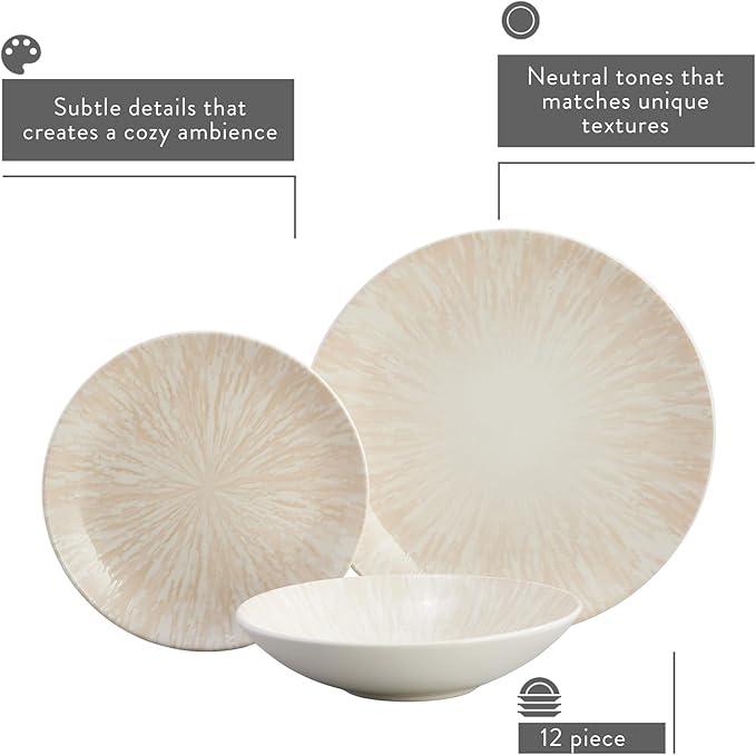 Corona 12-Piece Light Sandy Beige Ceramic Dinnerware Sets Plates and Bowls Service For 4 Nyssa