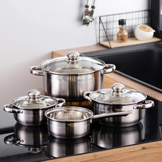 Cookware Set Stainless Steel 7-Piece Kitchen Cooking Pot&ampPan SetsSaucepanCasserole with Tempered Glass Lid