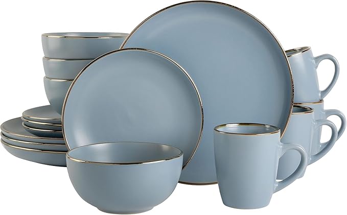 Rockaway 16 Piece Stoneware Dinnerware Set with Metallic Rim – Matte Blue Plates Bowls &amp Mugs Microwave &amp Dishwasher Safe