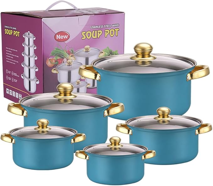 Nonstick Kitchen Cookware Sets Stainless Steel Cookware Pot Stainless Steel Cooking Pot Set with Glass Lids for Gas Electric Halogen Ceramic Induction Hobs Medium Type 1 USAEUBU0410