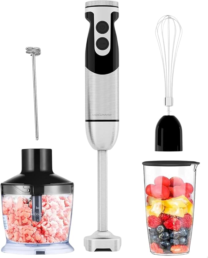 MegaWise Pro Titanium Reinforced 5-in-1 Immersion Hand Blender Powerful Motor with 80% Sharper Blades 12-Speed Corded Blender (Black)