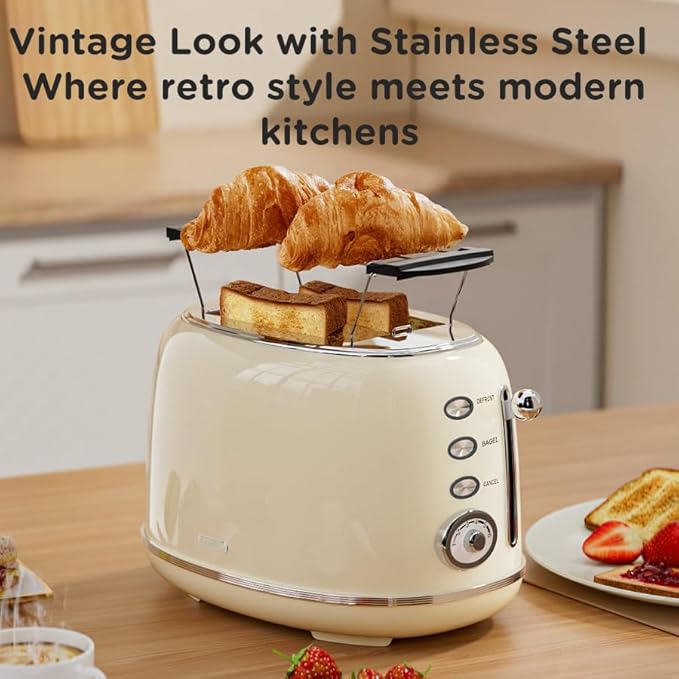 Toaster Retro 2 Slice Vintage White Toaster with Lid with Bread Attachment Preheat Defrost And Cancel Functions 6 Browning Levels (Beige)