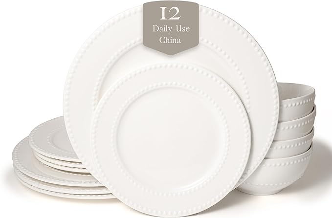 New Bone China 12 Piece Dinnerware Set Santorini Collection (Beaded) White Daily Use China Embossed Tableware Service for 4