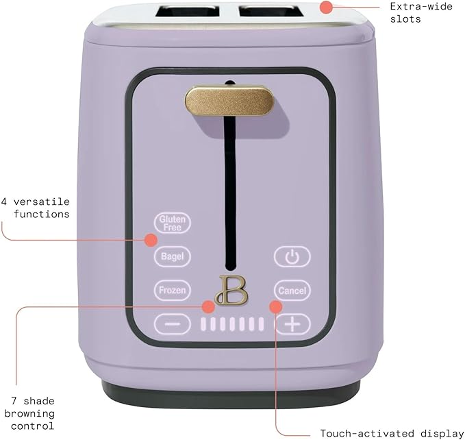 Smart Kitchen Toaster with Touch Interface and Preset Modes Advanced Two-Slice Toaster with Wide Slots and 7 Browning Levels (Lavender)