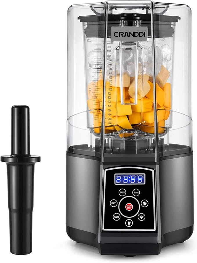 CRANDDI Smart Commercial Blender Digital Touch Screen with Removable Cover 80oz Capacity 3 Pre-Set Program with Smoothie Juice Cleaning and More 1500W 120V K85TS (Grey)