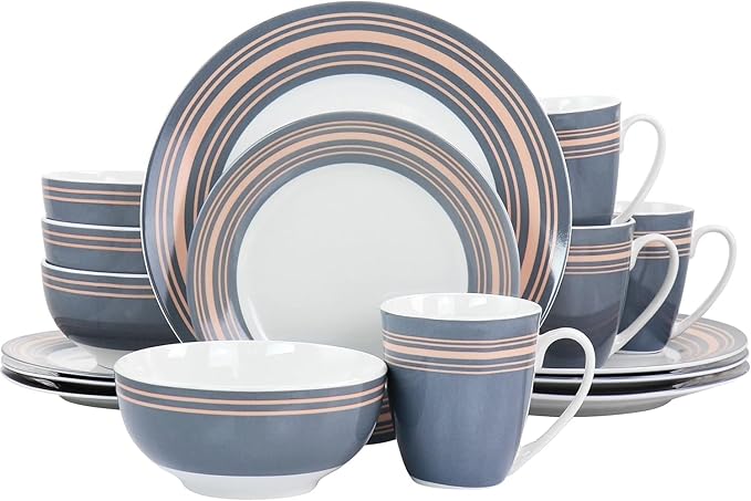 16-Piece Ceramic Dinnerware Set for 4 – Grey and Pink Plates Bowls &amp Mugs – Microwave &amp Dishwasher Safe Modern Everyday Tableware (Grey &amp Pink)