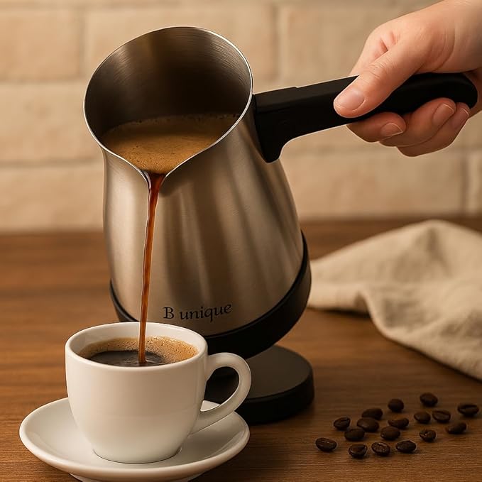 B Unique Electric Coffee Maker 300ml Stainless Steel Turkish Coffee Pot Milk Heater Rapid Heating Boil-Dry Protection Foldable Handle