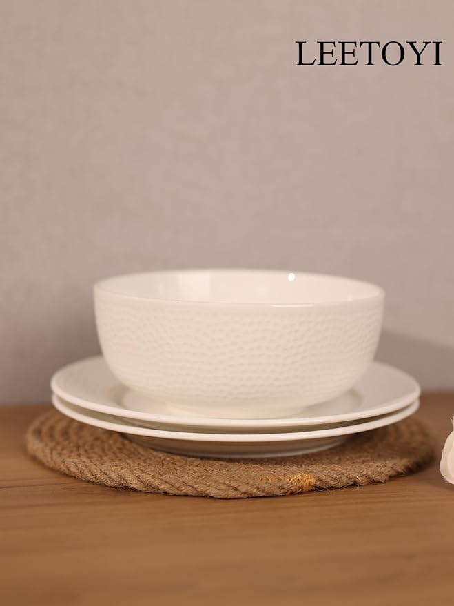 LEETOYI Ceramic Dinnerware Set 26 OZ Bowl with Plates Tableware for Kitchen and Formal Dining Used for Cereal Salad Pasta Soup Dessert Dishwasher &amp Microwave Safe White