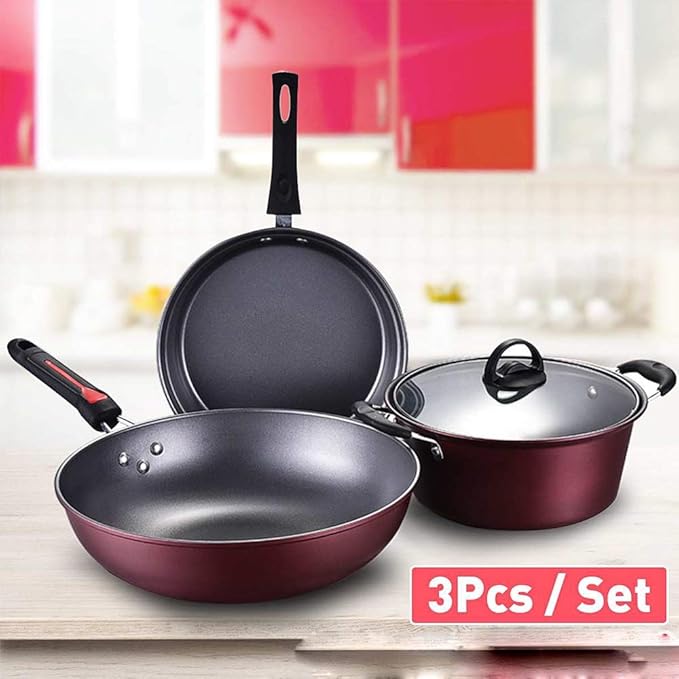 Cookware 3Pcs Cookware Set Non-Stick Cookware Frying Pan Cooking Pot &amp Pan Saucepan with Glass Lid