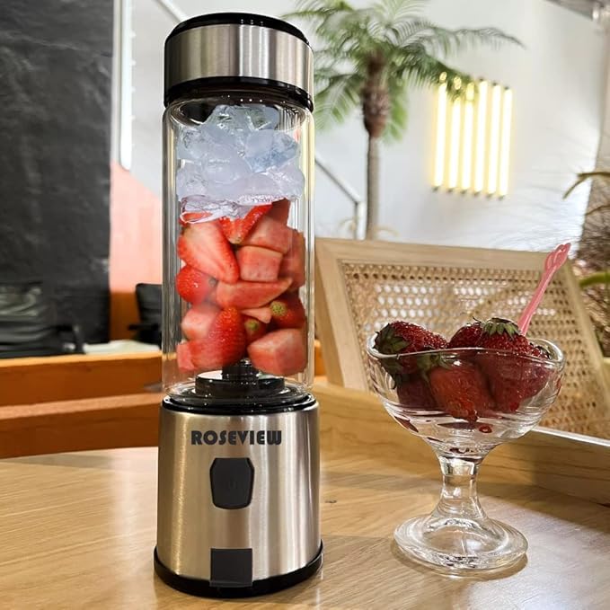 Portable Smoothie blender ROSEVIEW Glass bottle USB rechargeable mini Handheld Ice Shakes Cup 2 speed blend juicer Cordless Personal smoothies maker Fruit mixer (Egg White)