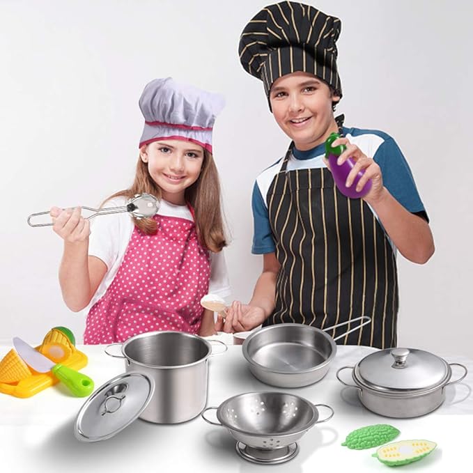 Juboury Kitchen Pretend Play Toys with Stainless Steel Cookware Pots and Pans Set Cooking Utensils Apron &amp Chef Hat Cutting Vegetables for Kids Girls Boys Toddlers