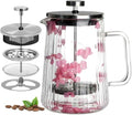 Glass French Press Coffee Maker 22oz (Pink Floral) – Double-Wall Borosilicate Ribbed Coffee Press with Stainless Steel Filter Manual Coffee Brewer &amp Tea Press
