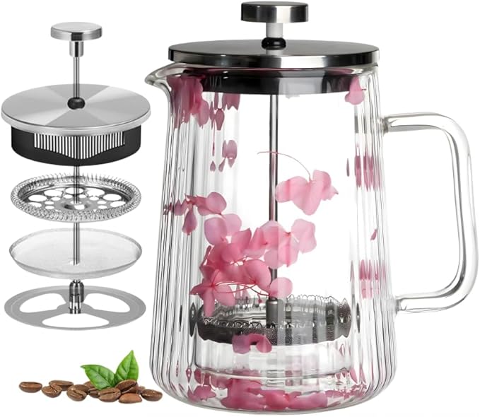 Glass French Press Coffee Maker 22oz (Pink Floral) – Double-Wall Borosilicate Ribbed Coffee Press with Stainless Steel Filter Manual Coffee Brewer &amp Tea Press