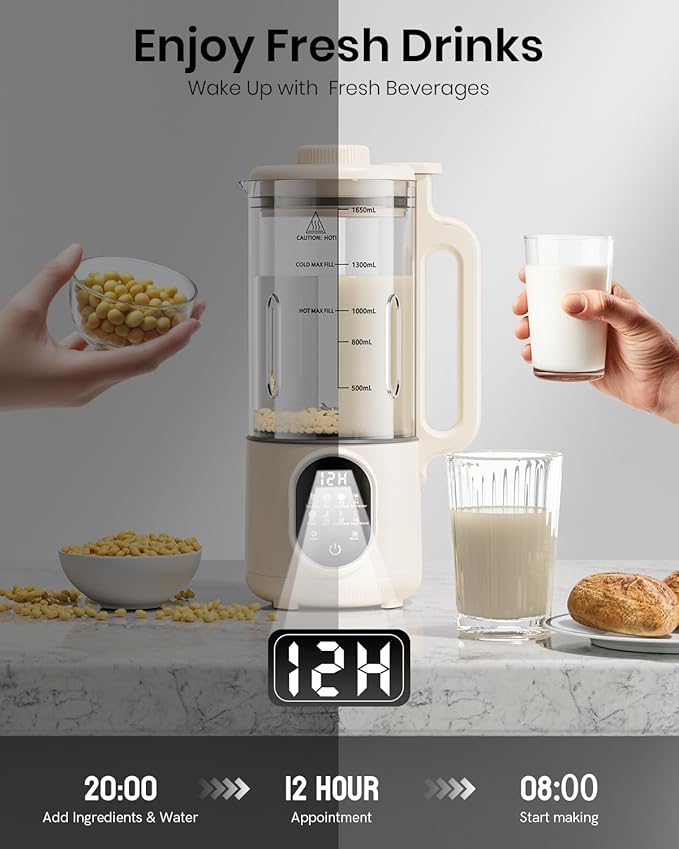 55oz Family Size Nut Milk Maker (5-6 Cups) Soy Milk Maker Machine for Almond/Oat/Soy/Cashew Milk Juice &amp Smoothie Almond Milk Maker with Auto Clean/Self-Clean Delay Start Boil Water &amp Kee